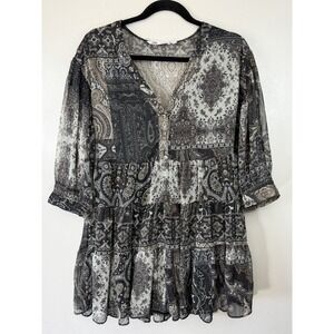 Zara Black/cream Paisley V Neck Peplum Tunic Or Minidress Size S